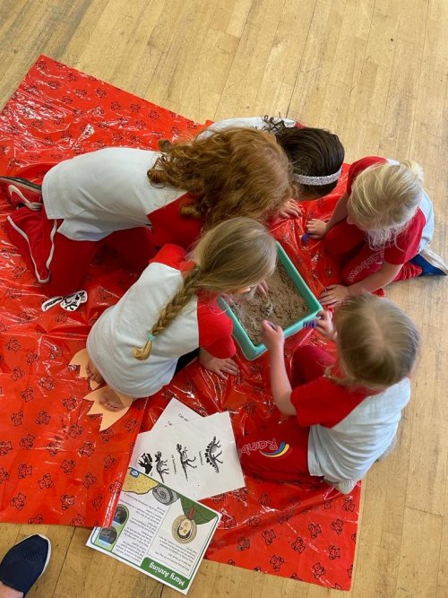 A group of 5 year old girls sitting on the floor digging for dinosaur bones in the sand