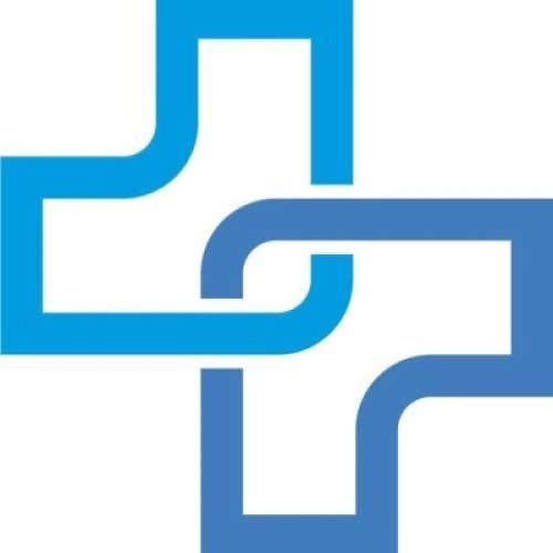 a dark blue and a light blue intertwined L shapes 