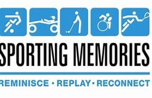Sporting memories logo. With images of various people playing sports such as football, golf, wheelchair rugby and tennis. Text reads Sporting Memories. Reminisce, Replay, Reconnect