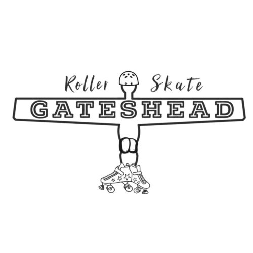 The Angel of the North wearing skate shoes and a helment with Gateshead written across the wings.