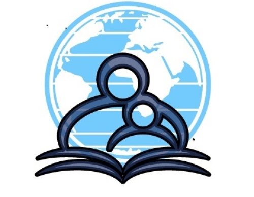 outline of adult and child reading a book with world behind them