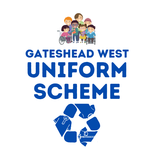 Logo. Reads: Gateshead West Pre-Loved Uniform Scheme. Cartoon of children and a recycling symbol.