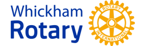 Whickham Rotary in blue text by a yellow rotary wheel.