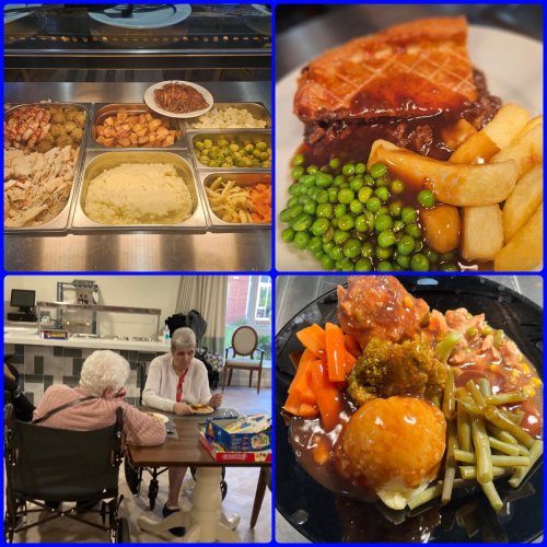 Picture of a plate of fish, chips and mushy peas, plate of a Sunday dinner, display of Sunday dinner and pensioners sitting round a dining table