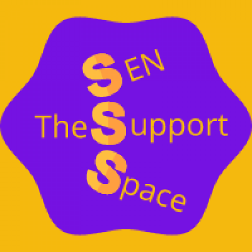 The SEN Support Apace Logo, orange background, purple 6 sides shape with The SEN Support Space written in middle.