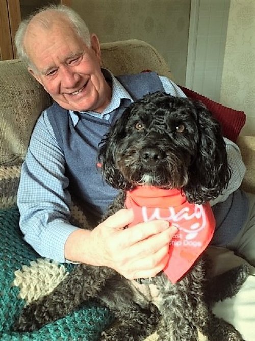 elderly man holding a black dog 