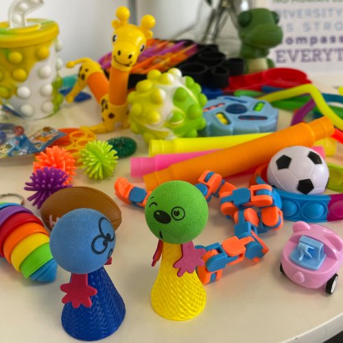 Collection of multi-coloured fidget toys used at the adult Autism and ADHD service.