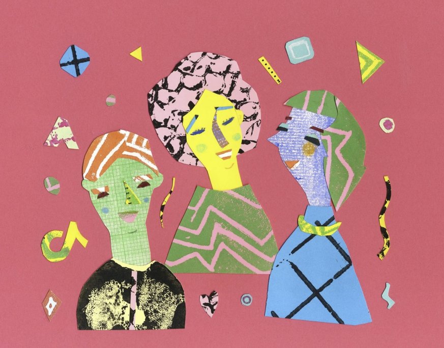 A photo of a collage. There are three smiling characters made from various coloured and patterned paper.