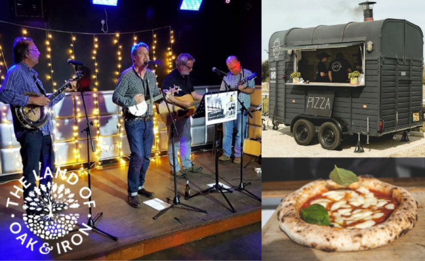 accoustic group playing with fairy light background, vintage trailer making pizza, woodfired pizza