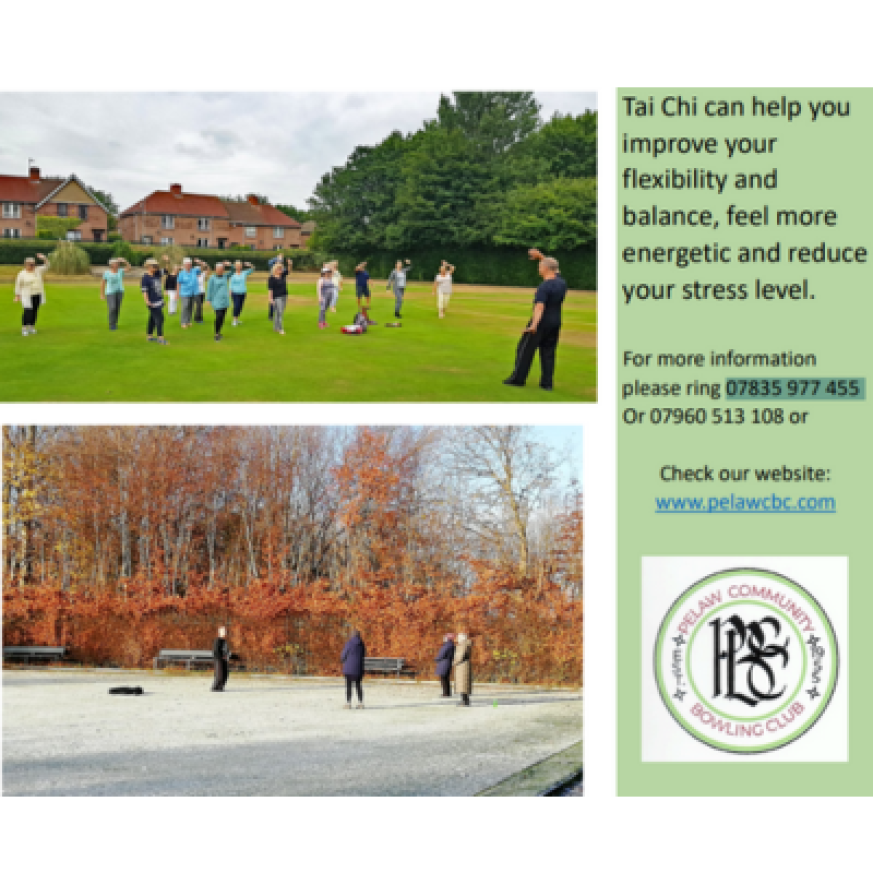 2 photos of people enjoying Tia Chi - one in summer one on a cold winter morning 