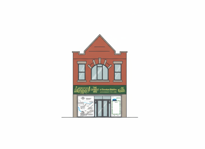 An illustration of a building, with a clear shop front, door and green sign, and red brick top floor