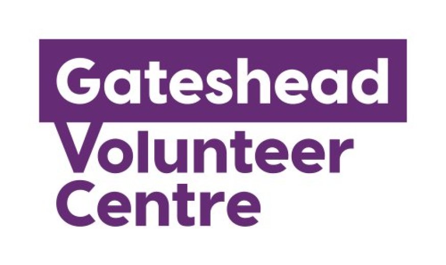 Gateshead written in white on purple box, volunteer centre underneath in purple on white background.