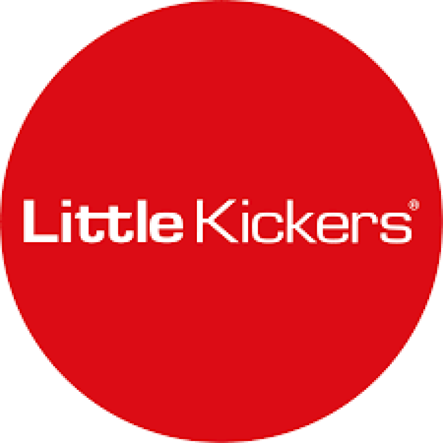 the words Little Kickers, written in white in a dark red circle