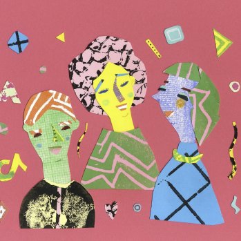 A photo of a collage. There are three smiling characters made from various coloured and patterned paper.