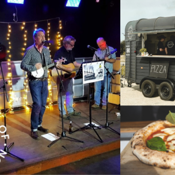 accoustic group playing with fairy light background, vintage trailer making pizza, woodfired pizza