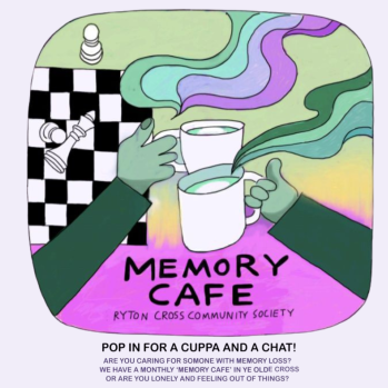 Picture of cups and chessboard and advertising Memory Cafe