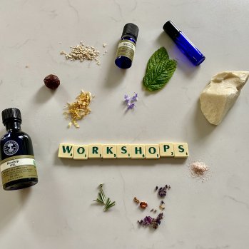 In the centre, the words 'WORKSHOPS' is spelt out with ceramic letters. Surrounding this word are various flora and herbs.