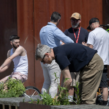 A person tends to a garden outside Baltic 