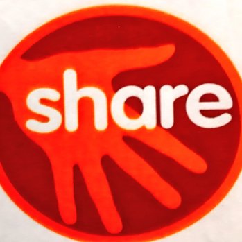 Red hand with word share written through it