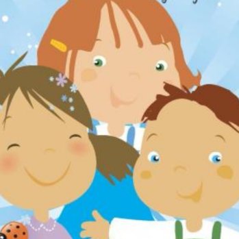 cartoon of three smiling children with blue sky and flowers behind them.