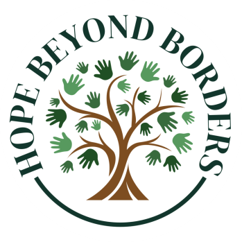 An illustrated tree with hand prints instead of trees. Hope Beyond Borders is written around the tree.
