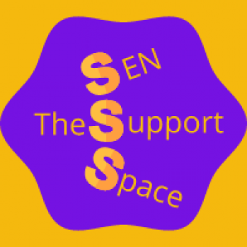 The SEN Support Apace Logo, orange background, purple 6 sides shape with The SEN Support Space written in middle.