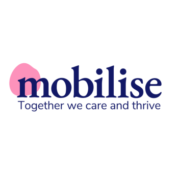 the word mobilise on a white background in a dark purple font, with a light pink circle behind the M. Followed by the phrase "together we care and thrive"